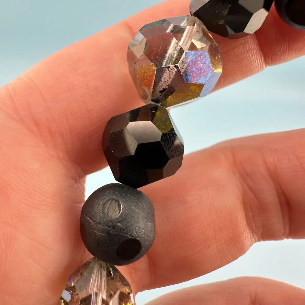 Vintage Laguna Necklace Earrings Set Matte Black AB Faceted Glass Bead Cluster